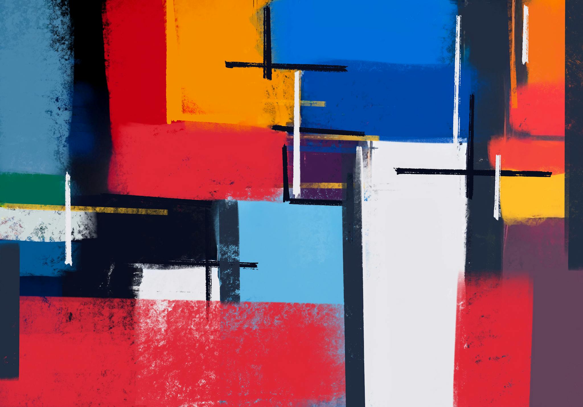 Colorful abstract painting with geometric shapes and bold vibrant colors, ideal for modern art enthusiasts.