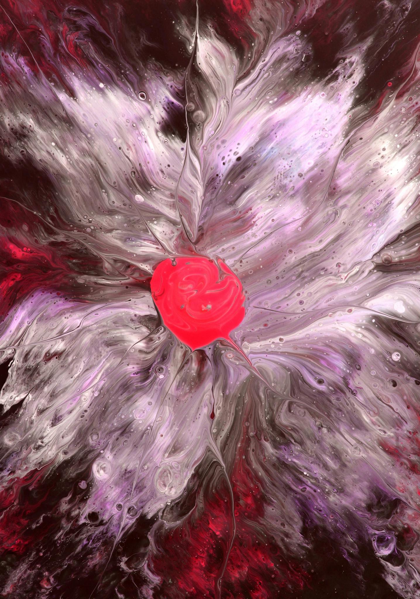 Vibrant abstract painting featuring a floral design with a bold red center on a swirling background.
